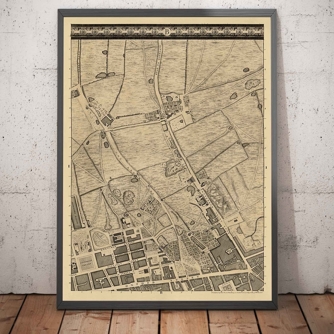 Alte Karte von London von John Rocque, 1746, B1 - Oxford Street, Tottenham Court Road, Fitzrovia, Soho & Cavendish Square 