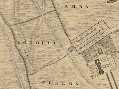 Ancienne carte de Londres par John Rocque, 1746, C1 - Holborn, Russell & Bloomsbury Square, Lincoln's et Gray's Inn, Camden