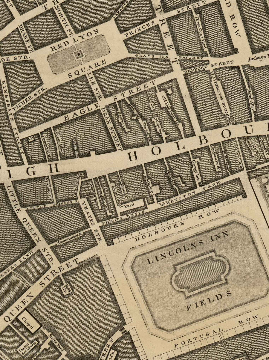Mappa antica di Londra di John Rocque, 1746, C1 - Holborn, Russell e Bloomsbury Square, Lincoln&