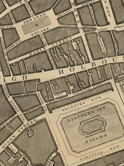 Ancienne carte de Londres par John Rocque, 1746, C1 - Holborn, Russell & Bloomsbury Square, Lincoln's et Gray's Inn, Camden