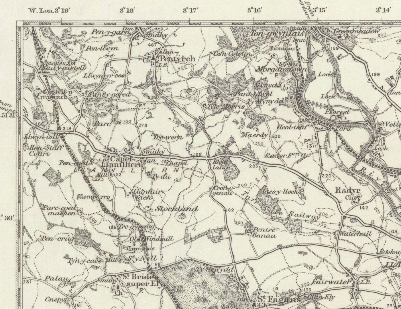 Antiguo mapa de Cardiff, Gales en 1867 - Caerdydd, Penarth, Sully, Barry, Llandaff, Castillo, Suburbios, Desembocadura del Severn