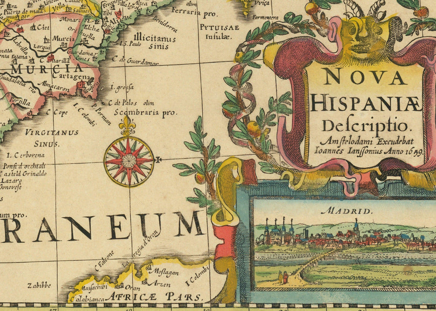 Mappa antica di Spagna e Portogallo, 1659 di Jan Jansson - Madrid, Lisbona, Barcellona, Catalogna, Valencia, Iberia, Mare Mediterraneo 
