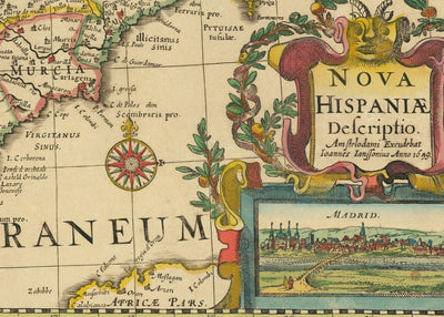 Old Map of Spain & Portugal, 1659 by Jan Jansson - Madrid, Lisbon, Barcelona, Catalonia, Valencia, Iberia, Mediterranean Sea