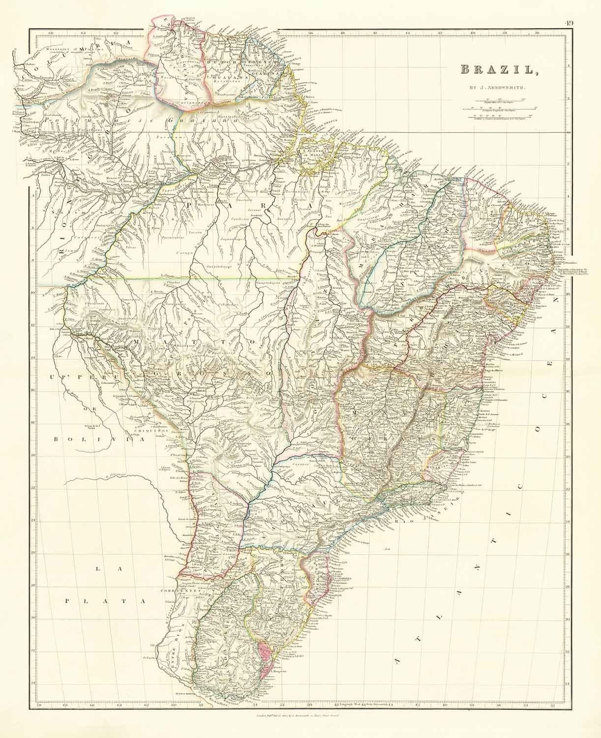 Alte Karte von Brasilien, 1832 von Arrowsmith - Koloniales Südamerika - Königreich Portugal, Kaiser Pedro II, Amazonasfluss 