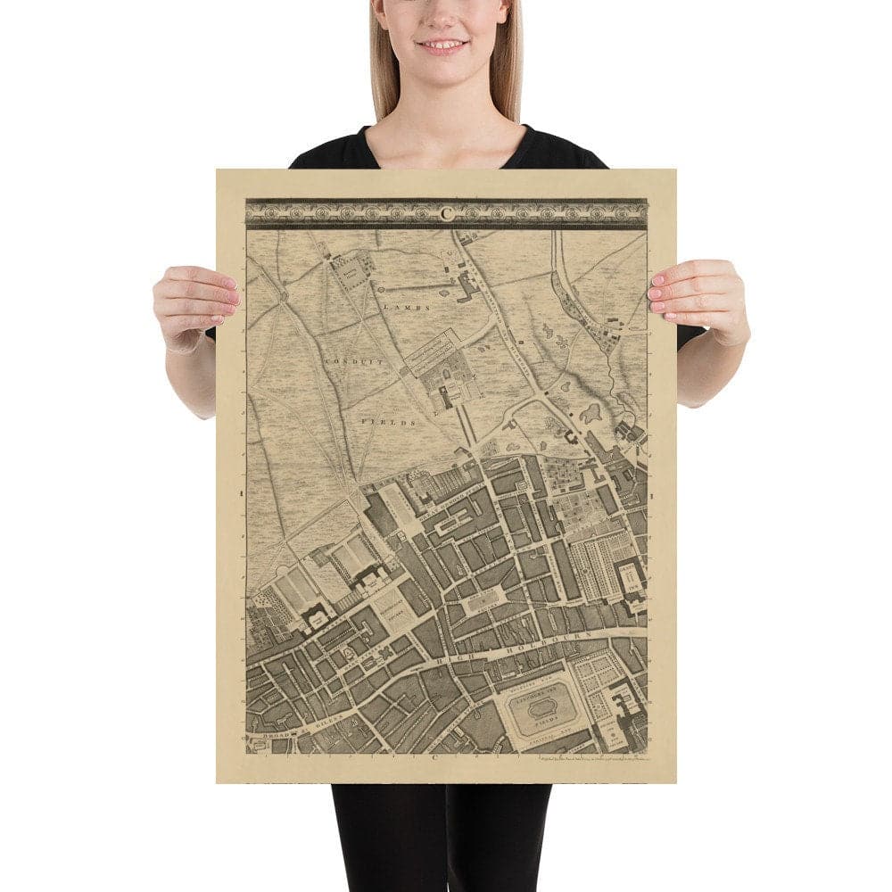 Ancienne carte de Londres par John Rocque, 1746, C1 - Holborn, Russell & Bloomsbury Square, Lincoln's et Gray's Inn, Camden
