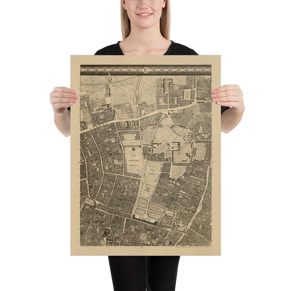 Antiguo mapa de Londres de John Rocque, 1746, E1 - Old Street, Finsbury, Moorgate, Barbican, St Lukes, Liverpool St