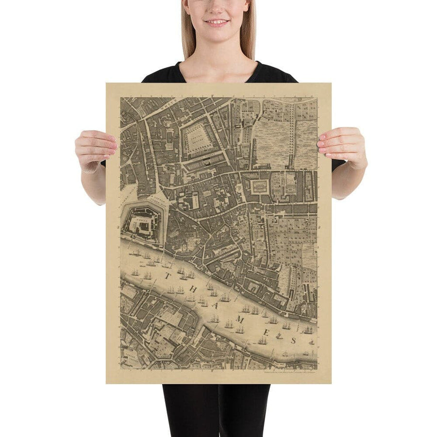 Ancienne carte de Londres par John Rocque, 1746, F2 - Tour de Londres, Shad Thames, St Katherine Dock, Tower Hamlets, Bermondsey