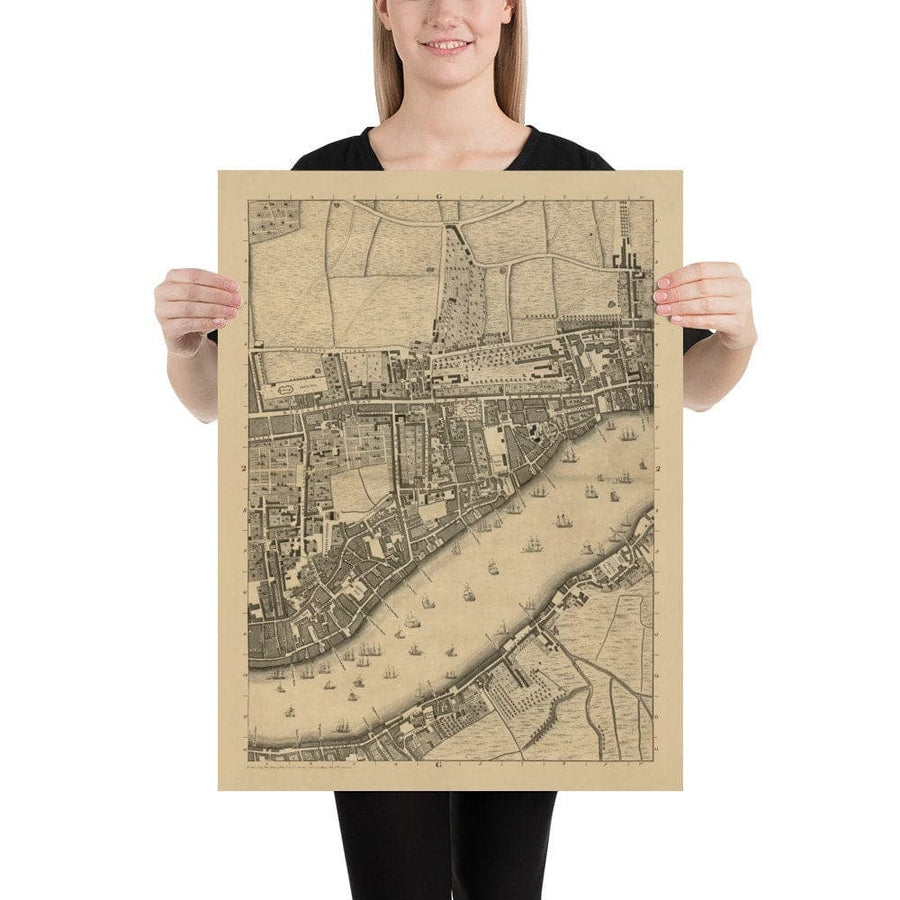 Carte ancienne de par John Rocque Londres, 1746, G2 - Wapping, Shadwell, Rotherhithe, Tamise, Tower Hamlets, E1W, Southwark