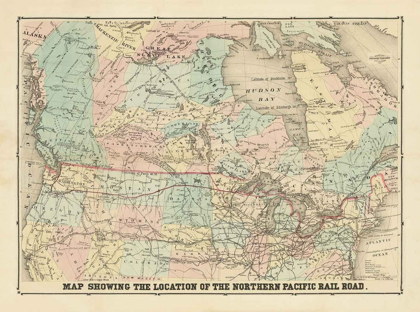 Mapa antiguo del Ferrocarril del Pacífico Norte, 1870 por Traubel - Ferrocarriles en Canadá y Estados Unidos - Grandes Lagos, Estados