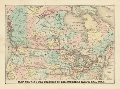 Mapa antiguo del Ferrocarril del Pacífico Norte, 1870 por Traubel - Ferrocarriles en Canadá y Estados Unidos - Grandes Lagos, Estados