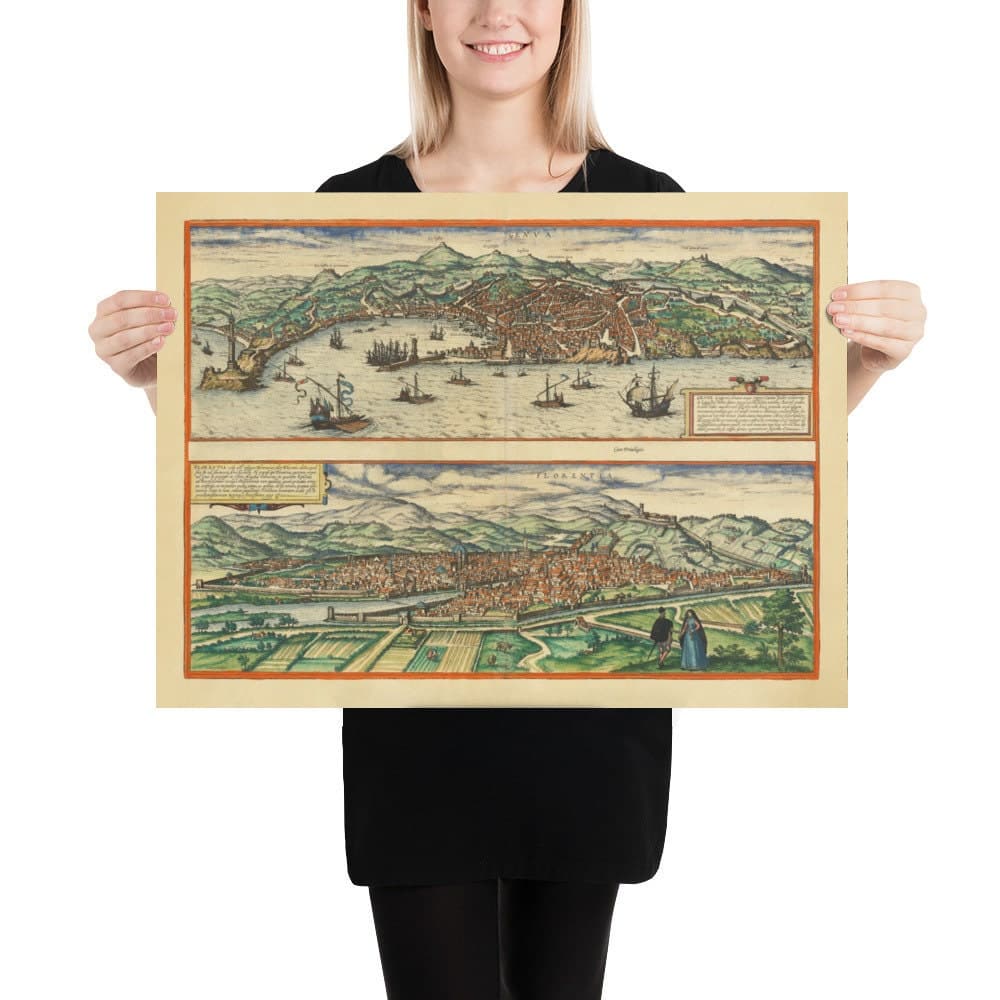 Mapa antiguo de Florencia y Génova, 1572 por Braun - Duomo, Palazzo Vecchio, Río Arno, San Lorenzo, Catedrales, Fortalezas