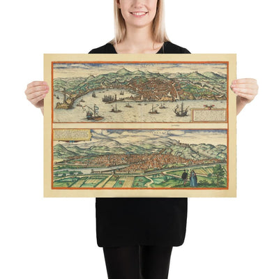 Mapa antiguo de Florencia y Génova, 1572 por Braun - Duomo, Palazzo Vecchio, Río Arno, San Lorenzo, Catedrales, Fortalezas