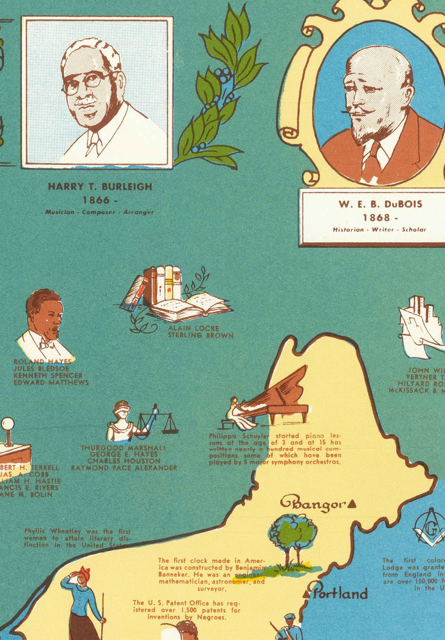 Mappa antica dei neri, Linea nera negli USA, 1946 - Famosi afroamericani - George Washington Carver, Booker T, Harriet Tubman 