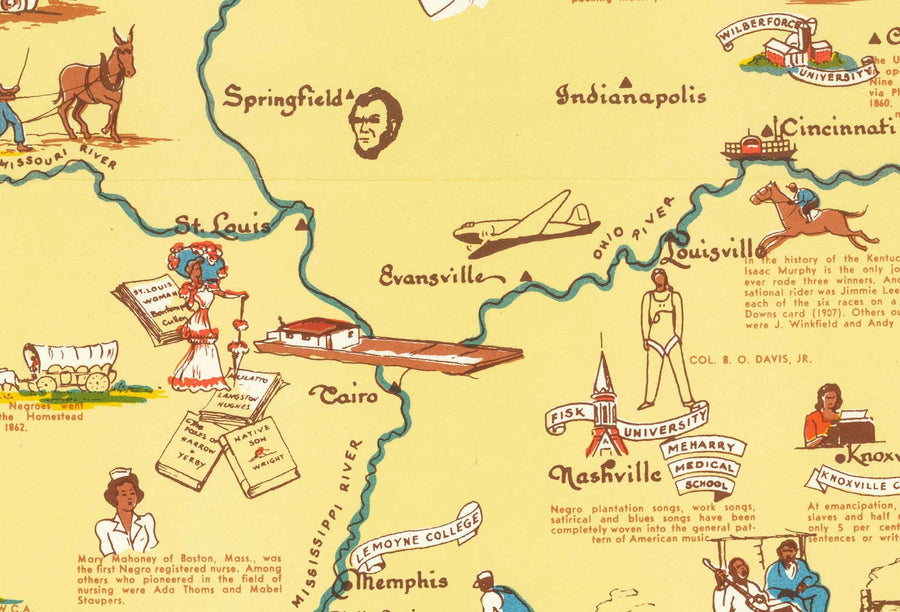 Mappa antica dei neri, Linea nera negli USA, 1946 - Famosi afroamericani - George Washington Carver, Booker T, Harriet Tubman 