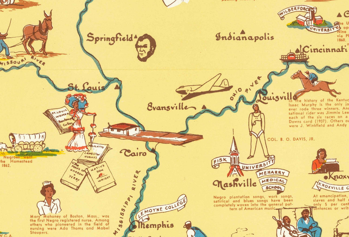 Ancienne carte des nègres, lignée noire aux États-Unis, 1946 - Afro-Américains célèbres - George Washington Carver, Booker T, Harriet Tubman