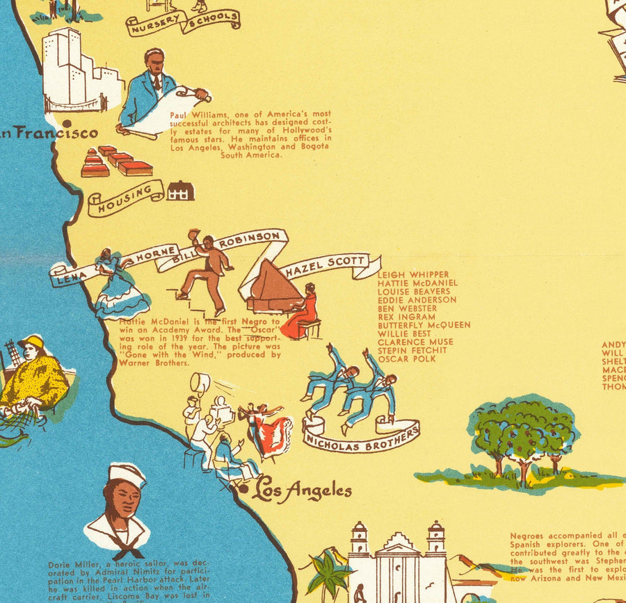Mappa antica dei neri, Linea nera negli USA, 1946 - Famosi afroamericani - George Washington Carver, Booker T, Harriet Tubman 
