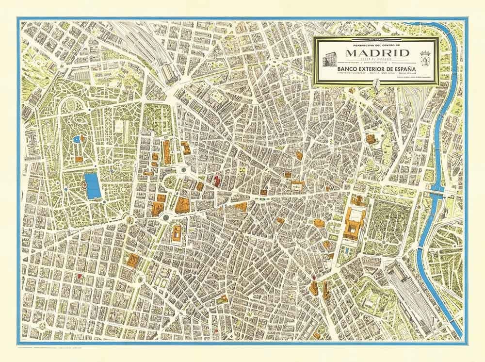Alte Karte von Madrid, 1966 von Hernández - Königlicher Palast, Teatro Real, Museo Nacional, Plaza Mayor, El Retiro, Palacio de Cristal 