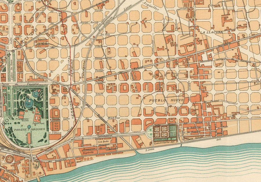Mappa antica di Barcellona, 1891 di DJM Serra - Sagrada Famíli, Quartiere Gotico, Cattedrali, Parchi, Las Ramblas, Strade 