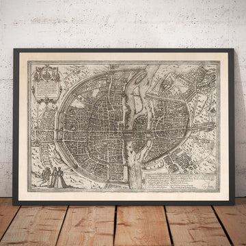 Old monochrome Carte of Paris, 1572 par Braun - Notre Dame, Sainte Chapelle, Bastille, Seine, cathédrale, murs de la ville
