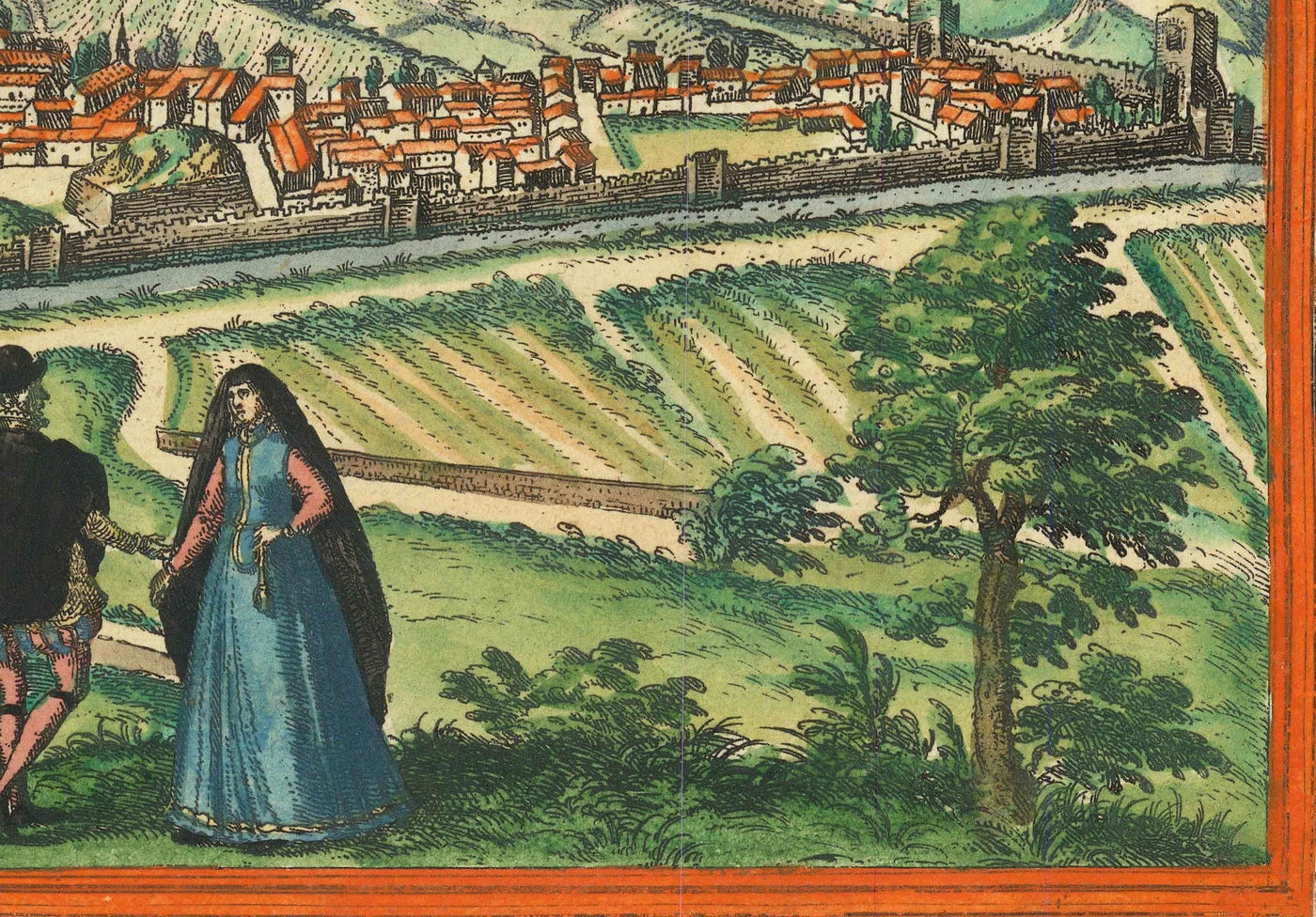 Mapa antiguo de Florencia y Génova, 1572 por Braun - Duomo, Palazzo Vecchio, Río Arno, San Lorenzo, Catedrales, Fortalezas