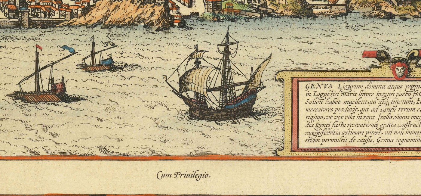 Mapa antiguo de Florencia y Génova, 1572 por Braun - Duomo, Palazzo Vecchio, Río Arno, San Lorenzo, Catedrales, Fortalezas