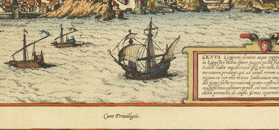 Mapa antiguo de Florencia y Génova, 1572 por Braun - Duomo, Palazzo Vecchio, Río Arno, San Lorenzo, Catedrales, Fortalezas