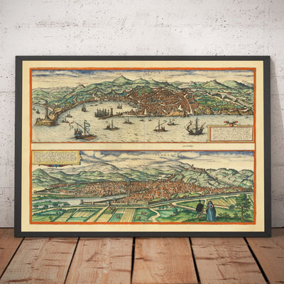 Mapa antiguo de Florencia y Génova, 1572 por Braun - Duomo, Palazzo Vecchio, Río Arno, San Lorenzo, Catedrales, Fortalezas