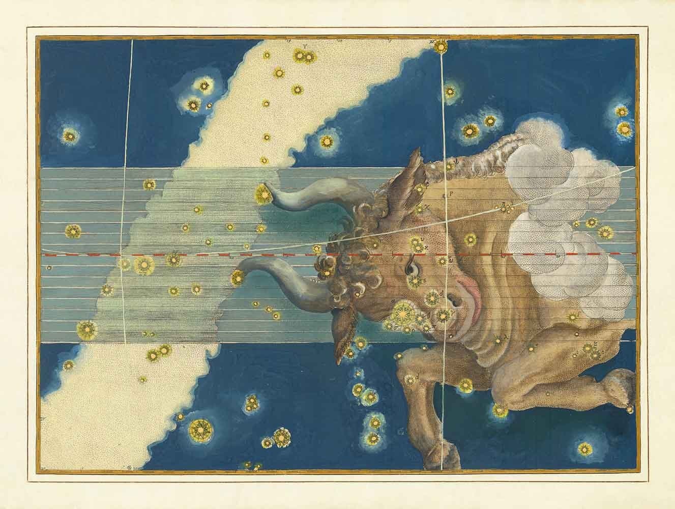 Old Star Map of Taurus, 1603 by Johann Bayer - Zodiac Astrology Chart - The Bull Horoscope Sign