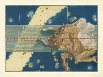 Old Star Map of Taurus, 1603 by Johann Bayer - Zodiac Astrology Chart - The Bull Horoscope Sign