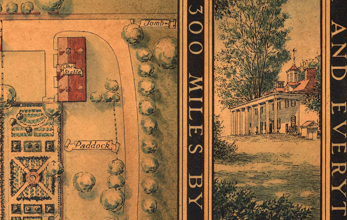 Plano antiguo de Mount Vernon, la casa de George Washington, 1932, por B. Ashburton Tripp - Jardines, casa, finca