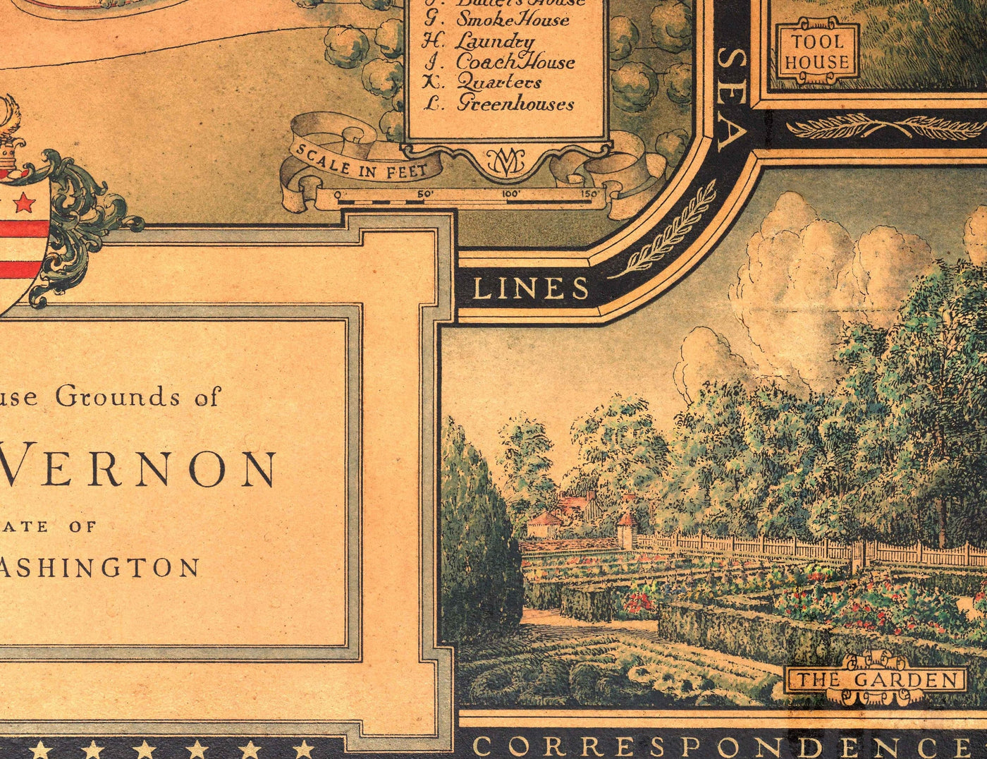 Plano antiguo de Mount Vernon, la casa de George Washington, 1932, por B. Ashburton Tripp - Jardines, casa, finca