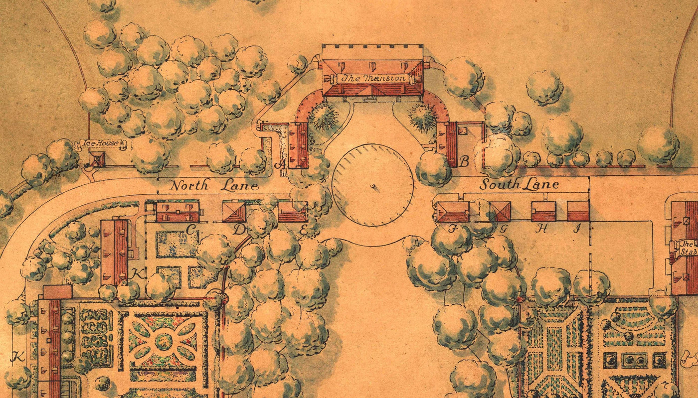 Plano antiguo de Mount Vernon, la casa de George Washington, 1932, por B. Ashburton Tripp - Jardines, casa, finca