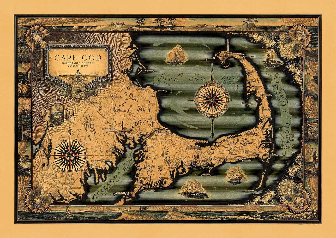 Mapa antiguo de Cape Cod, Mass. 1931 por Tripp - Martha's Vineyard, Barnstaple, Plymouth, New Bedford, Bourne, Falmouth, Yarmouth 