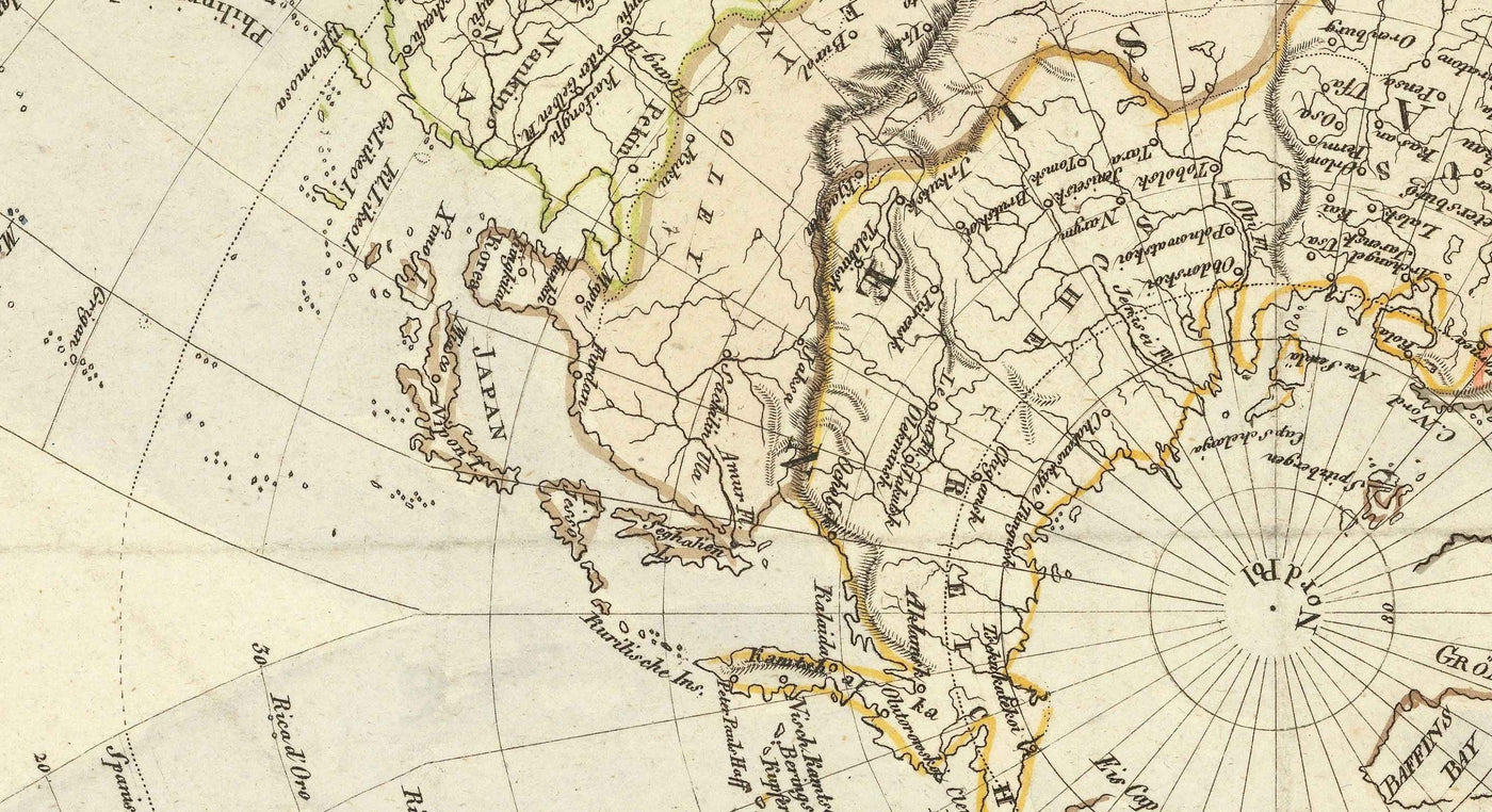 Old Flat Earth Map, 1811 by JC Hinrichs - German, French World Map - Interesting Colonial Atlas Chart