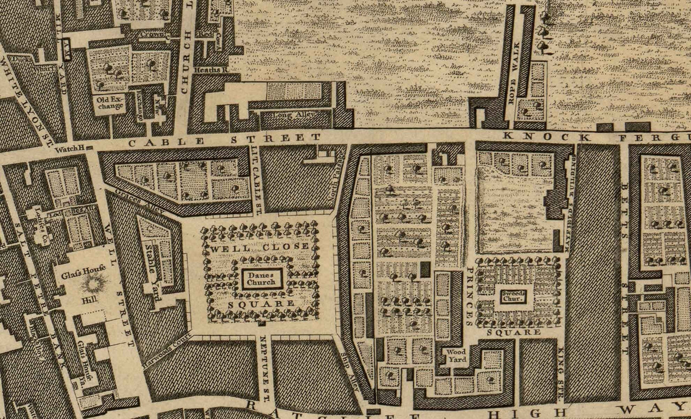 Ancienne carte de Londres par John Rocque, 1746, F2 - Tour de Londres, Shad Thames, St Katherine Dock, Tower Hamlets, Bermondsey