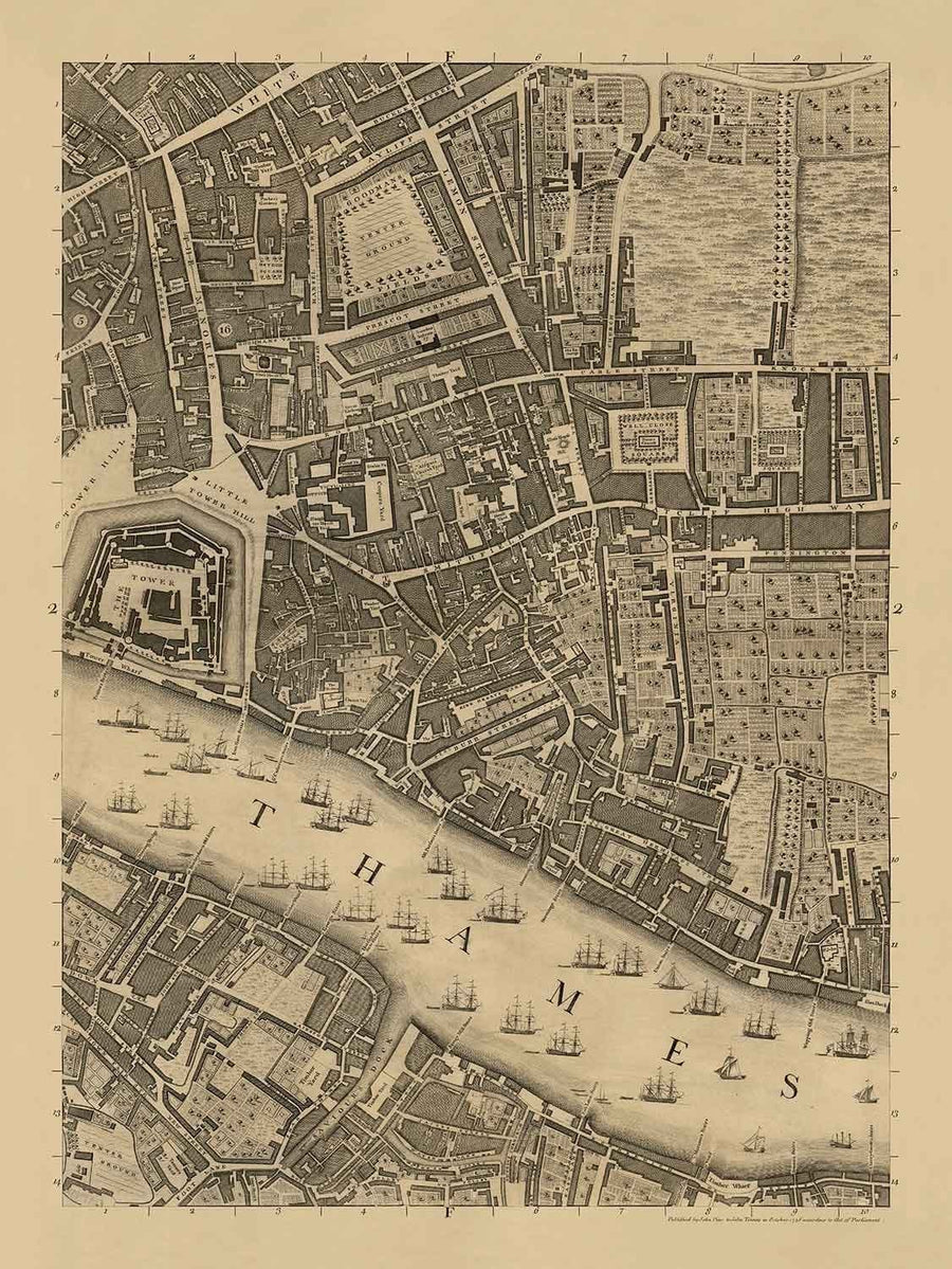 Ancienne carte de Londres par John Rocque, 1746, F2 - Tour de Londres, Shad Thames, St Katherine Dock, Tower Hamlets, Bermondsey
