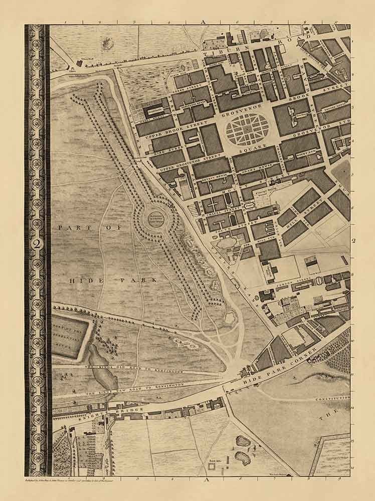 Ancienne carte de Londres par John Rocque, 1746, A2 - Mayfair, Hyde Park, Knightsbridge, Piccadilly, Grosvenor Square, Oxford St.