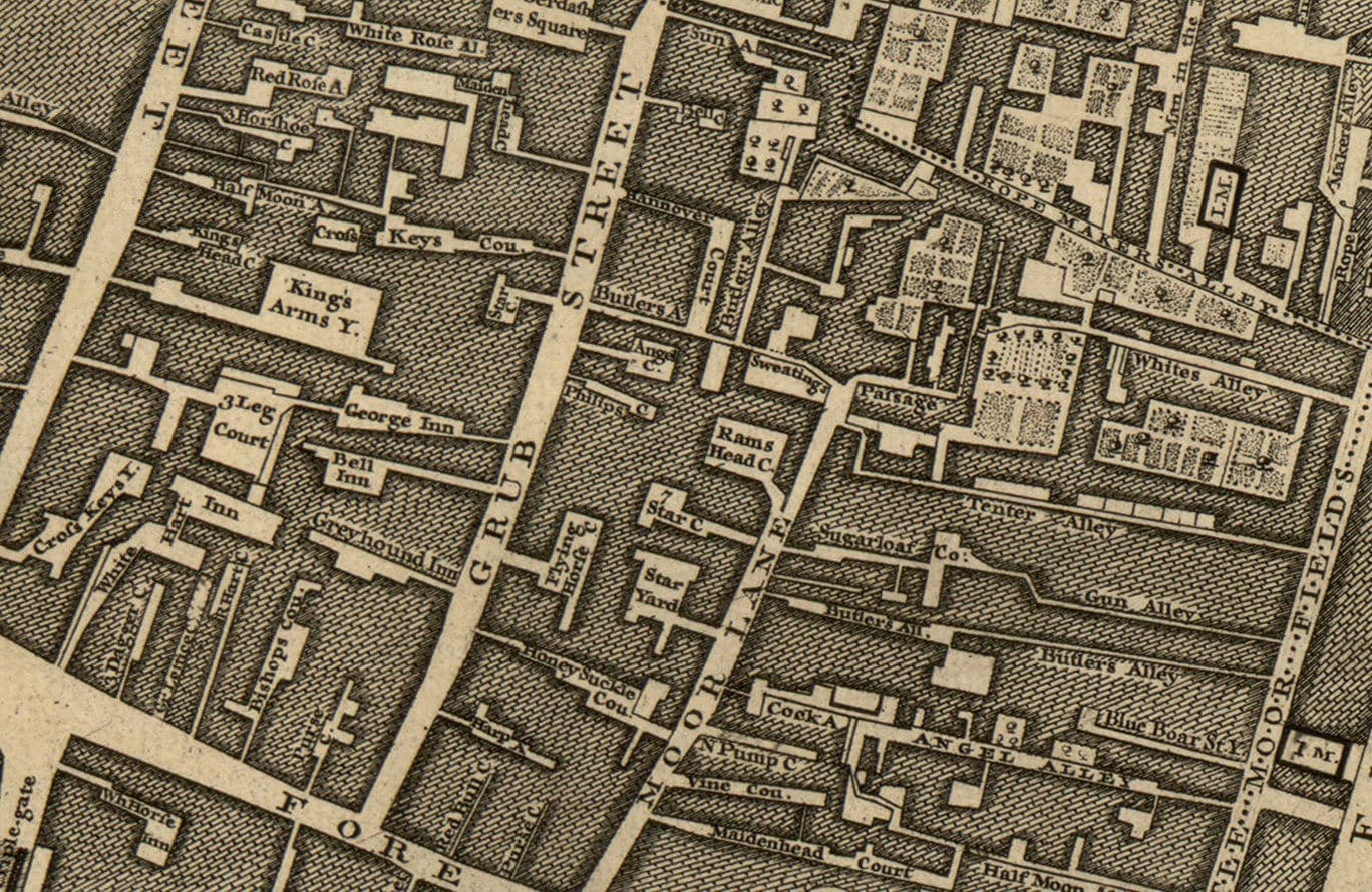 Antiguo mapa de Londres de John Rocque, 1746, E1 - Old Street, Finsbury, Moorgate, Barbican, St Lukes, Liverpool St