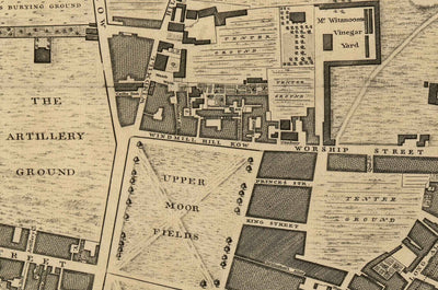 Antiguo mapa de Londres de John Rocque, 1746, E1 - Old Street, Finsbury, Moorgate, Barbican, St Lukes, Liverpool St