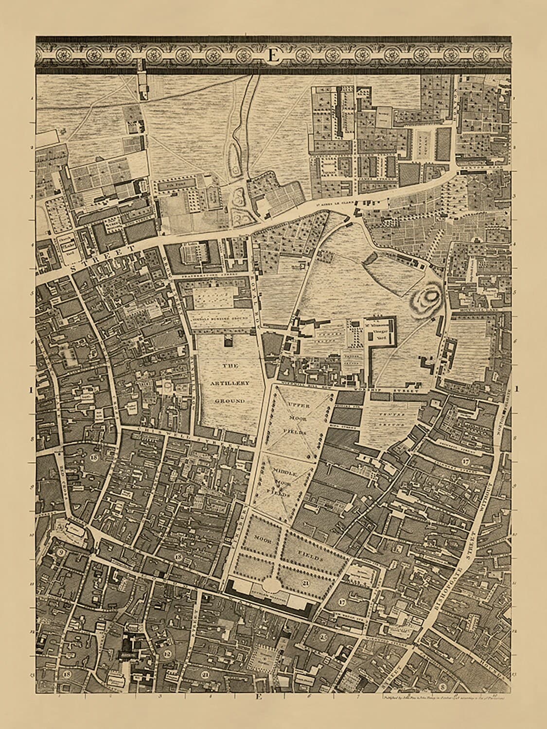 Antiguo mapa de Londres de John Rocque, 1746, E1 - Old Street, Finsbury, Moorgate, Barbican, St Lukes, Liverpool St