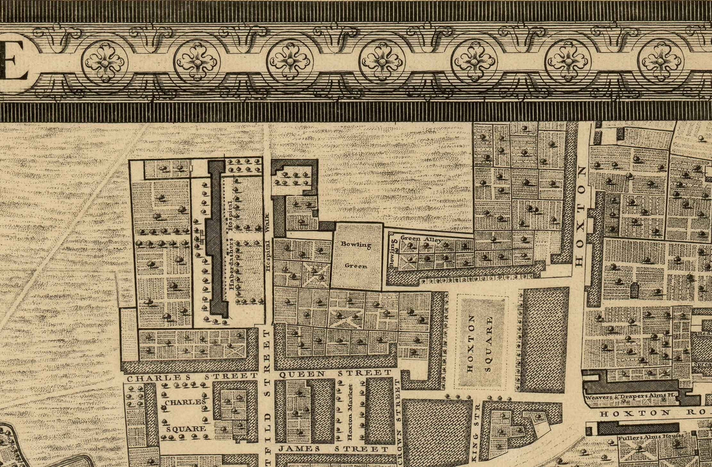 Antiguo mapa de Londres de John Rocque, 1746, E1 - Old Street, Finsbury, Moorgate, Barbican, St Lukes, Liverpool St