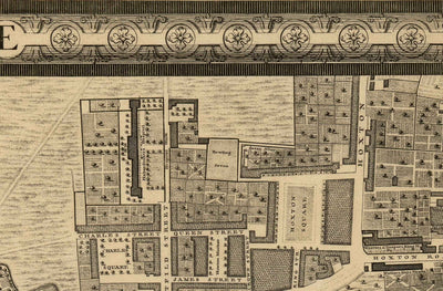 Antiguo mapa de Londres de John Rocque, 1746, E1 - Old Street, Finsbury, Moorgate, Barbican, St Lukes, Liverpool St