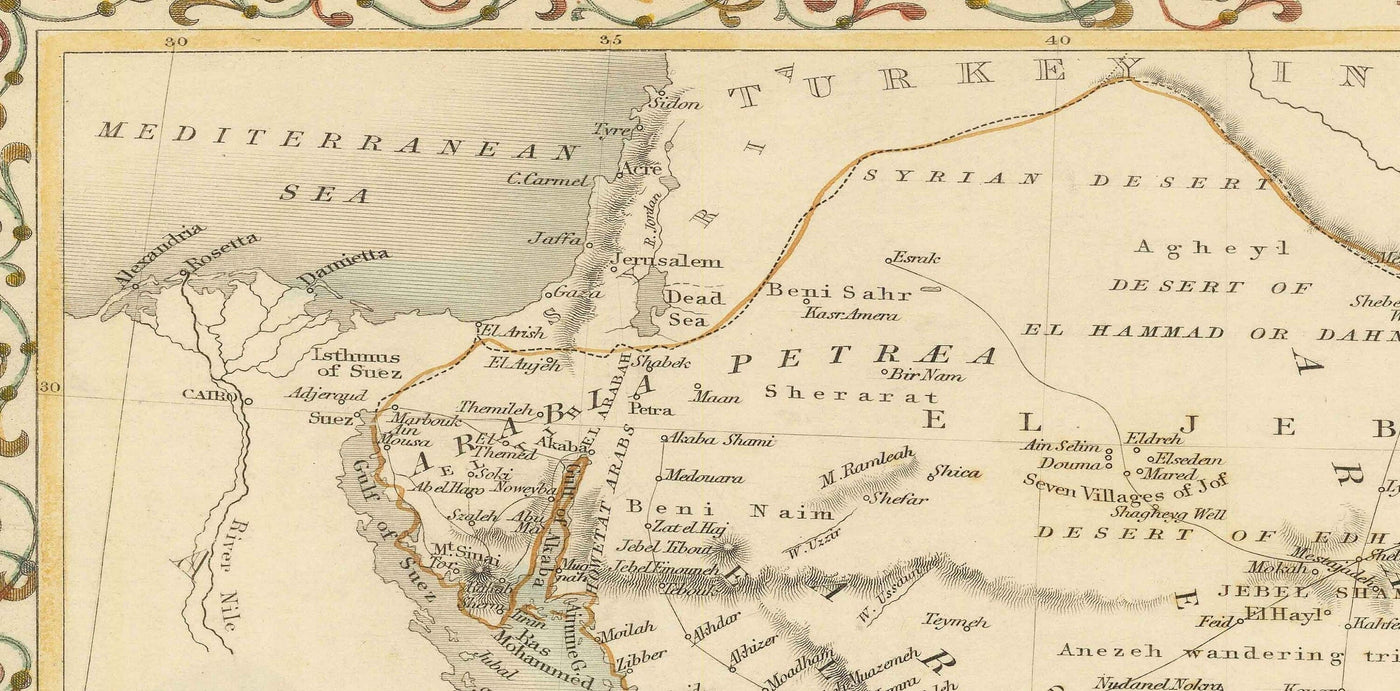 Ancienne carte d'Arabie, 1851 par Tallis & Rapkin - Arabie Saoudite, Jordanie, Oman, Yémen, Mer Rouge, Dubaï, Golfe Persique, Moyen-Orient