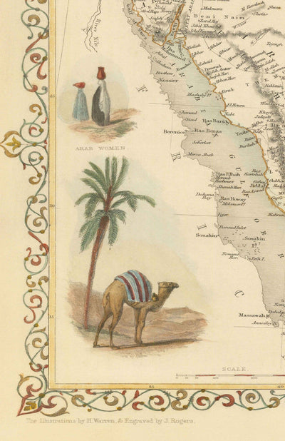 Ancienne carte d'Arabie, 1851 par Tallis & Rapkin - Arabie Saoudite, Jordanie, Oman, Yémen, Mer Rouge, Dubaï, Golfe Persique, Moyen-Orient