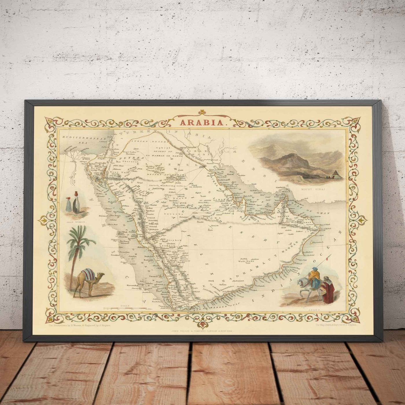 Ancienne carte d'Arabie, 1851 par Tallis & Rapkin - Arabie Saoudite, Jordanie, Oman, Yémen, Mer Rouge, Dubaï, Golfe Persique, Moyen-Orient