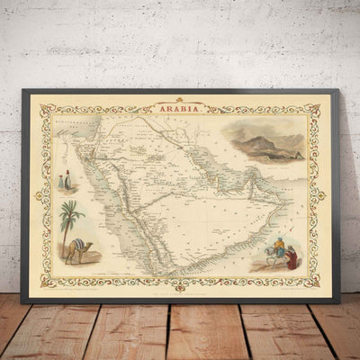 Ancienne carte d'Arabie, 1851 par Tallis & Rapkin - Arabie Saoudite, Jordanie, Oman, Yémen, Mer Rouge, Dubaï, Golfe Persique, Moyen-Orient