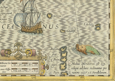 Old Map of China, 1606 by Jodocus Hondius - Korea, Japan, Great Wall, South East Asia, Orient, Weird Sea Monsters