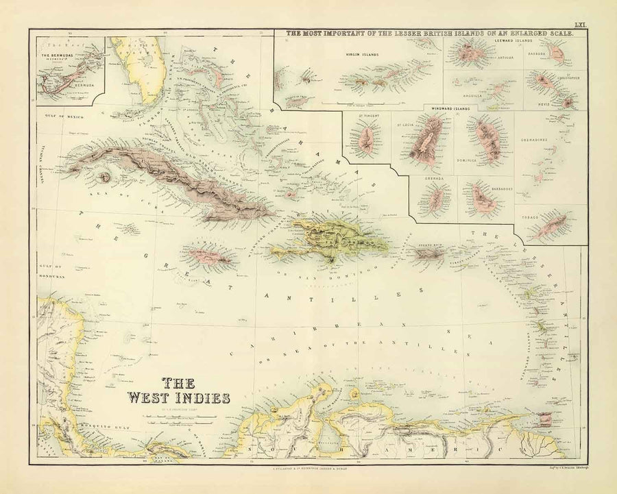 Vecchia mappa delle Indie Occidentali, 1872 di Fullarton - Bermuda, Cuba, Haiti, Porto Rico, Giamaica, Bahamas, Antille, Mare dei Caraibi coloniale 