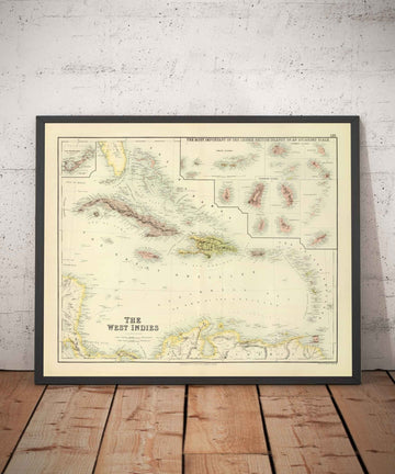 Vecchia mappa delle Indie Occidentali, 1872 di Fullarton - Bermuda, Cuba, Haiti, Porto Rico, Giamaica, Bahamas, Antille, Mare dei Caraibi coloniale 