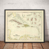 Mapa antiguo de las Indias Occidentales, 1872 por Fullarton - Bermudas, Cuba, Haití, Puerto Rico, Jamaica, Bahamas, Antillas, Mar Caribe Colonial